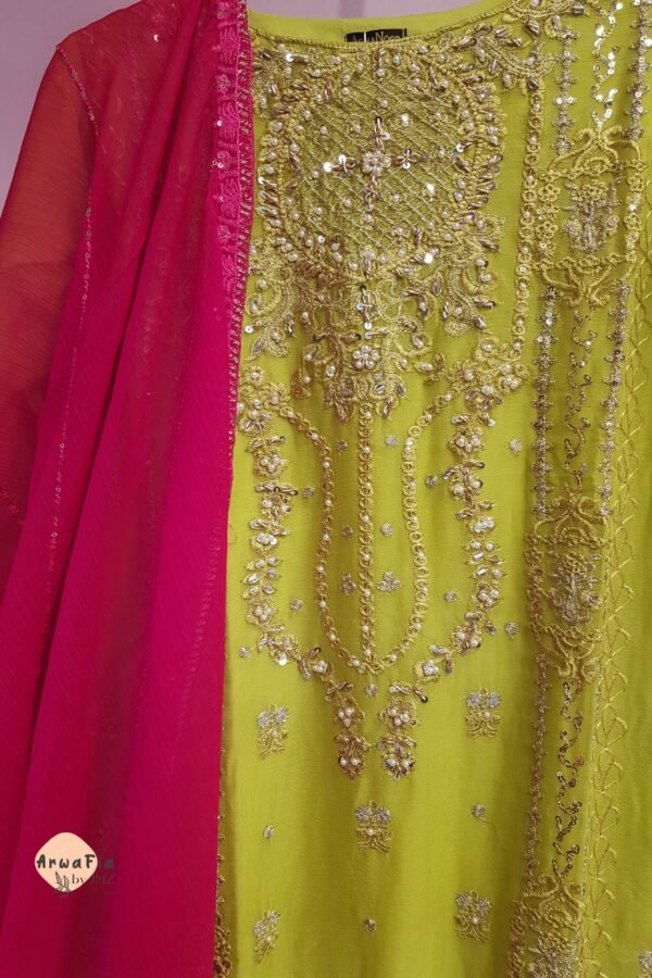 Aghanoor Chiffon 2pcs Mustard Green With Contrast Dupatta - Image 2