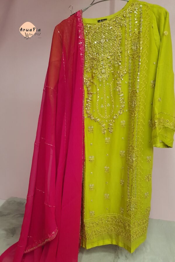 Aghanoor Chiffon 2pcs Mustard Green With Contrast Dupatta